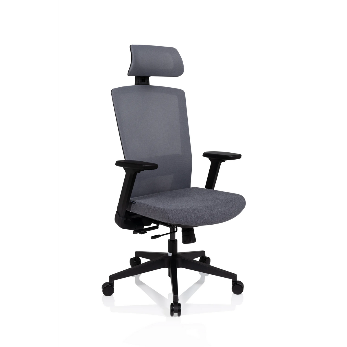 Siège de bureau de qualité professionnelle CAPTIVO gris avec dossier mesh, appui-tête et base à roulettes de hjh OFFICE – vue à 360° (vue de trois quarts avant 40°)