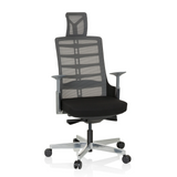 Siège de bureau haut de gamme SKARIF noir et gris avec dossier en maille et piètement à cinq roulettes de hjh OFFICE – vue à 360° (vue de face 20°)