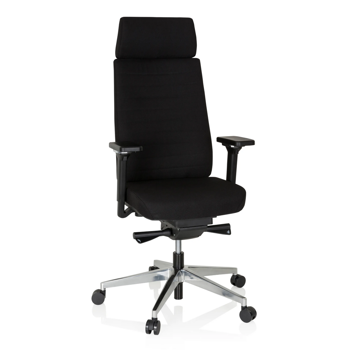 Siège de bureau de qualité professionnelle MOVE-TEC PRO 3D noir avec appui-tête et base à cinq roulettes de hjh OFFICE – vue à 360° (vue de face 20°)