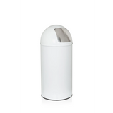 Poubelle PUSH 35L blanche avec sommet arrondi et ouverture de dépôt argentée de hjh OFFICE – vue à 360° (vue de trois quarts arrière 120°)