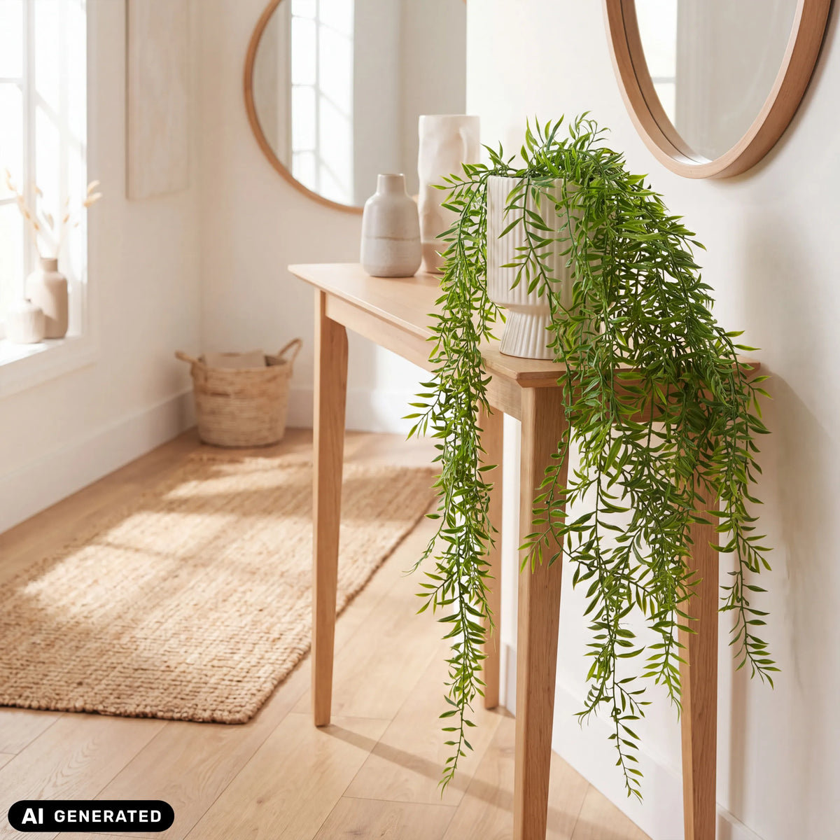 Plante artificielle verte Filix dans un cache-pot blanc strié sur une console en bois de hjh OFFICE
