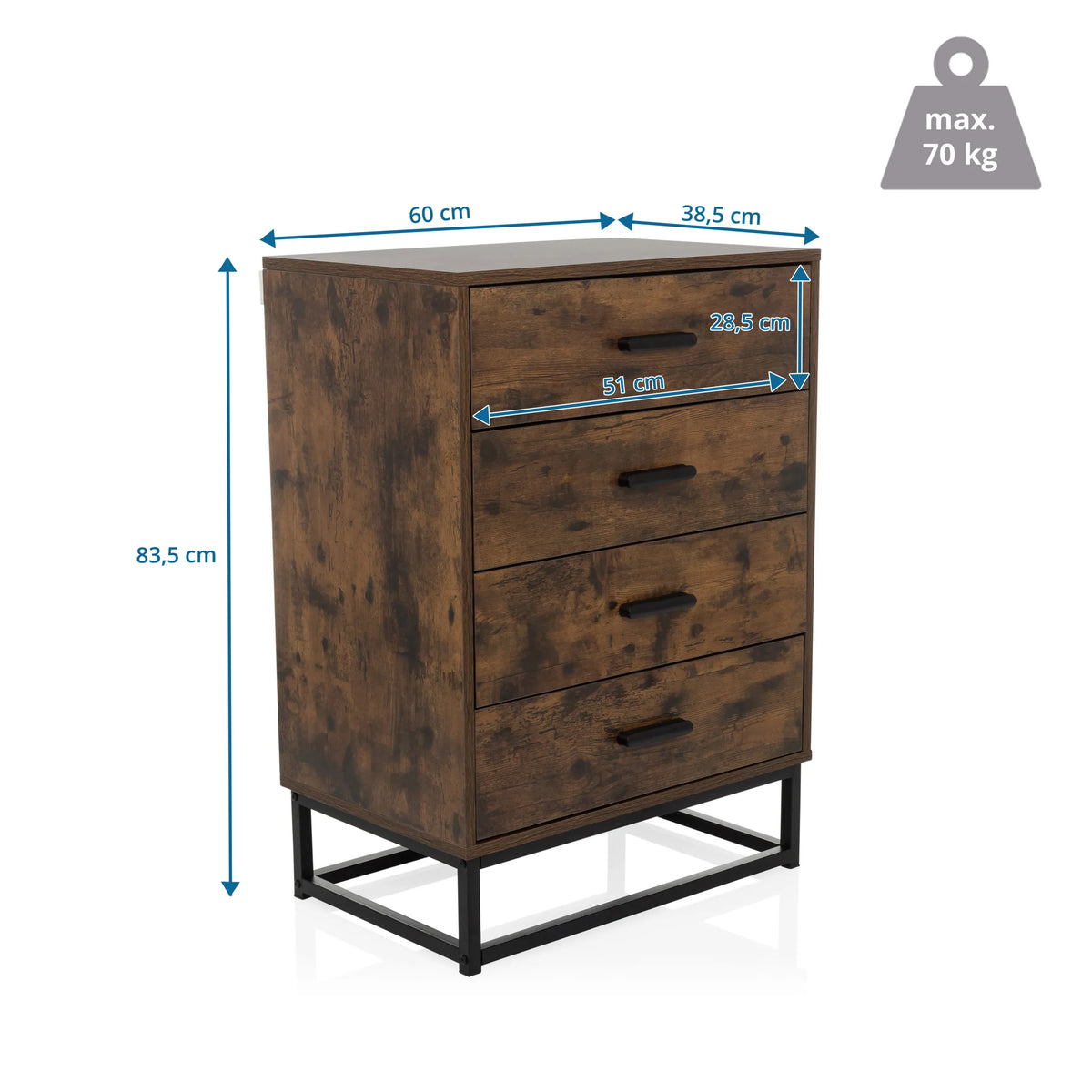 Dessin coté de la Commode VINSTRA avec 60 × 83,5 cm et une charge maximale de 70 kg de hjh LIVING