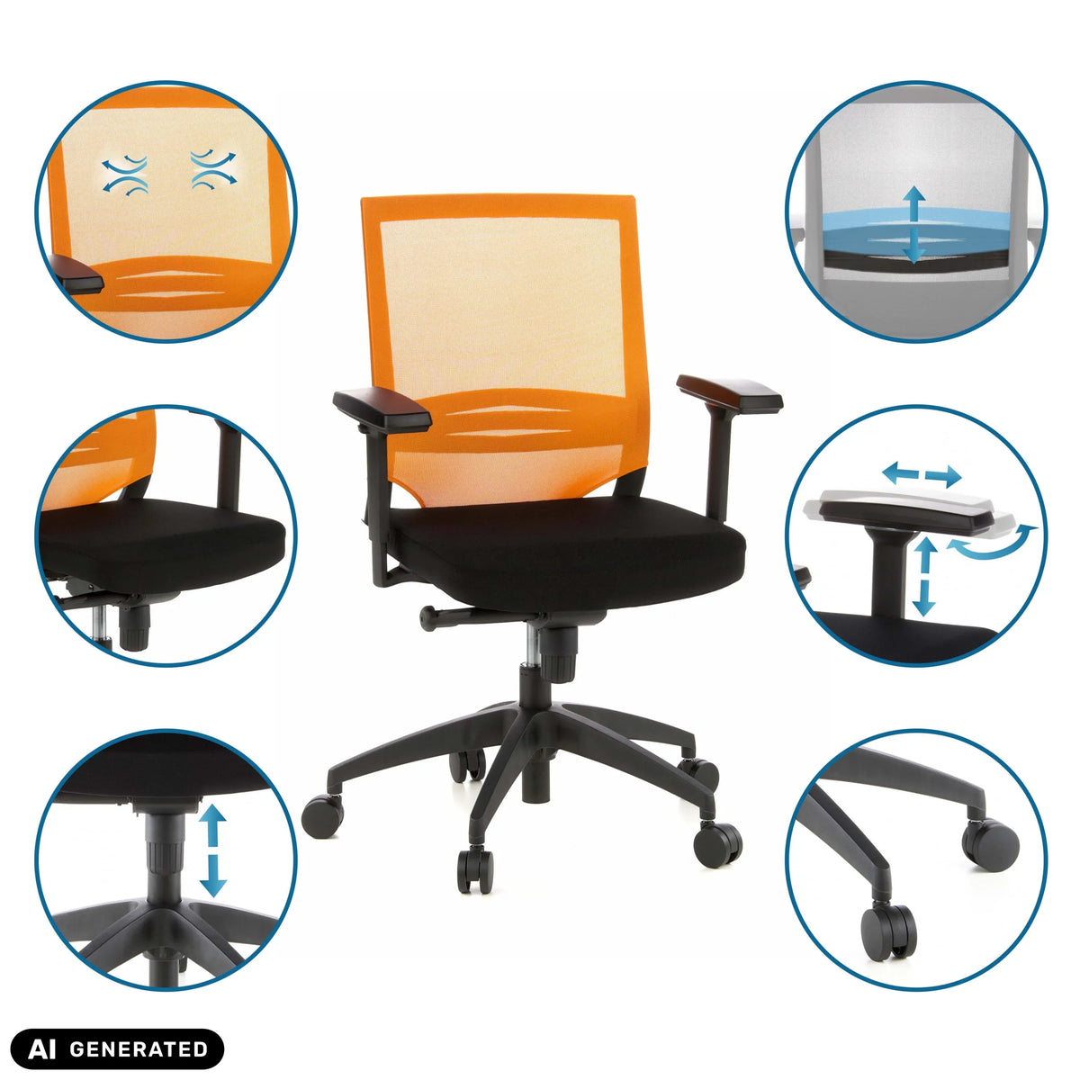 Siège de bureau de qualité professionnelle PORTO BASE en noir et orange avec divers réglages de hjh OFFICE (image générée par IA)