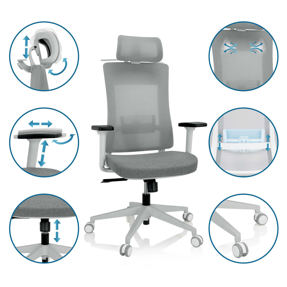 Siège de bureau de qualité professionnelle COMFIO WMH gris avec différentes options de réglage pour l'appui-tête et les accoudoirs de hjh OFFICE