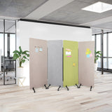Cloisons de séparation mobiles FLEXMIUT en beige, gris foncé et vert clair sur roulettes avec notes de hjh OFFICE