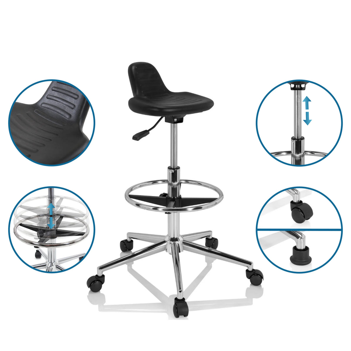 Assise moulée noire et piètement réglable en hauteur du Tabouret pivotant TOP WORK 03 I de hjh OFFICE