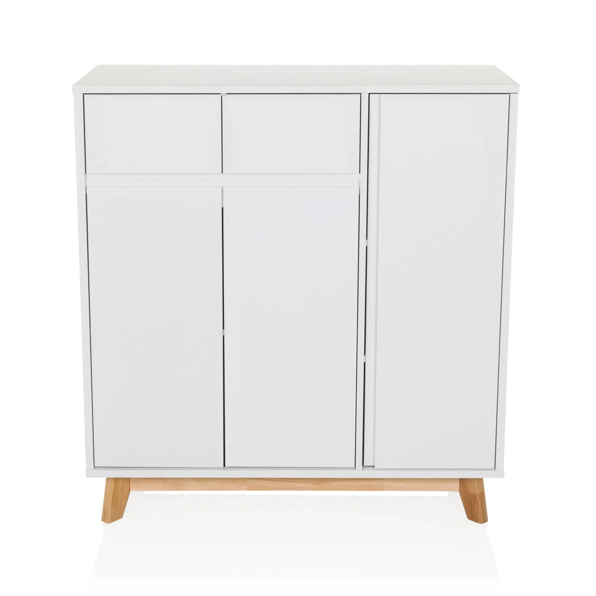 Commode blanche ESTHA avec deux tiroirs, trois portes et pieds en bois clair de hjh LIVING – vue à 360° (vue de face 0°)