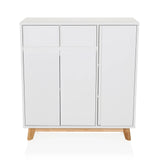 Commode blanche ESTHA avec deux tiroirs, trois portes et pieds en bois clair de hjh LIVING – vue à 360° (vue de face 0°)