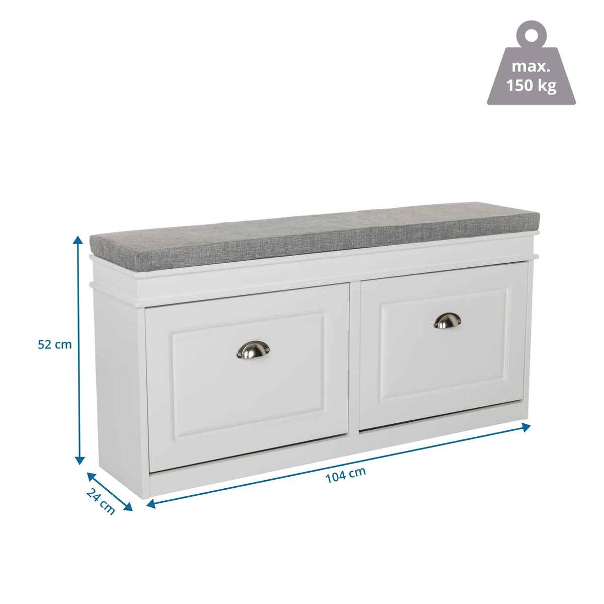 Dessin dimensionnel de l'armoire à chaussures ESTHA I de 104 × 52 cm et capacité de charge jusqu'à 150 kg de hjh LIVING