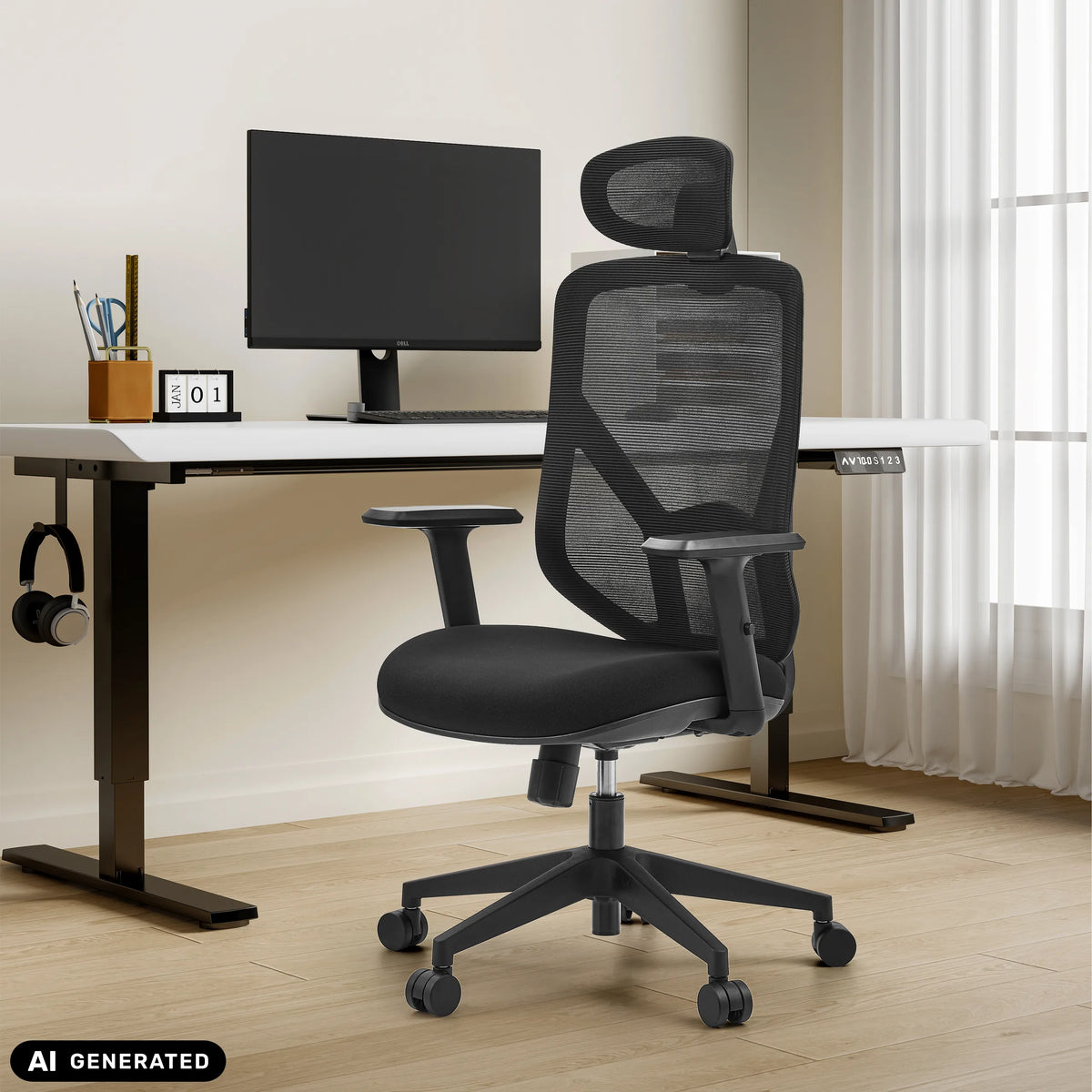 Siège de bureau à domicile BLACORE noir avec dossier en maille et appuie-tête de MyBuero (image générée par IA)