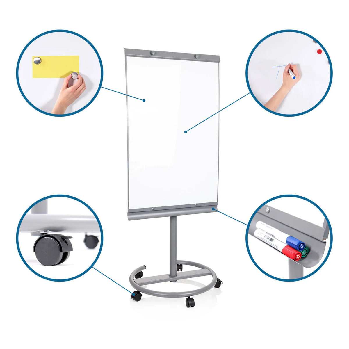 Tableau blanc MULTIBOARD argenté avec roulettes, repose-marqueurs et une surface d'écriture blanche de hjh OFFICE