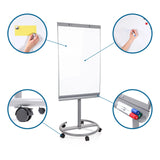Tableau blanc MULTIBOARD argenté avec roulettes, repose-marqueurs et une surface d'écriture blanche de hjh OFFICE