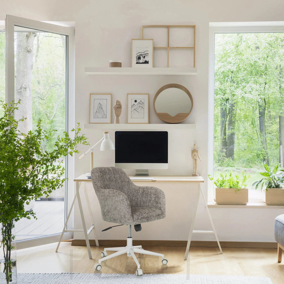 Siège de bureau à domicile SOLAO HOME en gris avec revêtement en tissu et pied en étoile blanc à un bureau de hjh LIVING