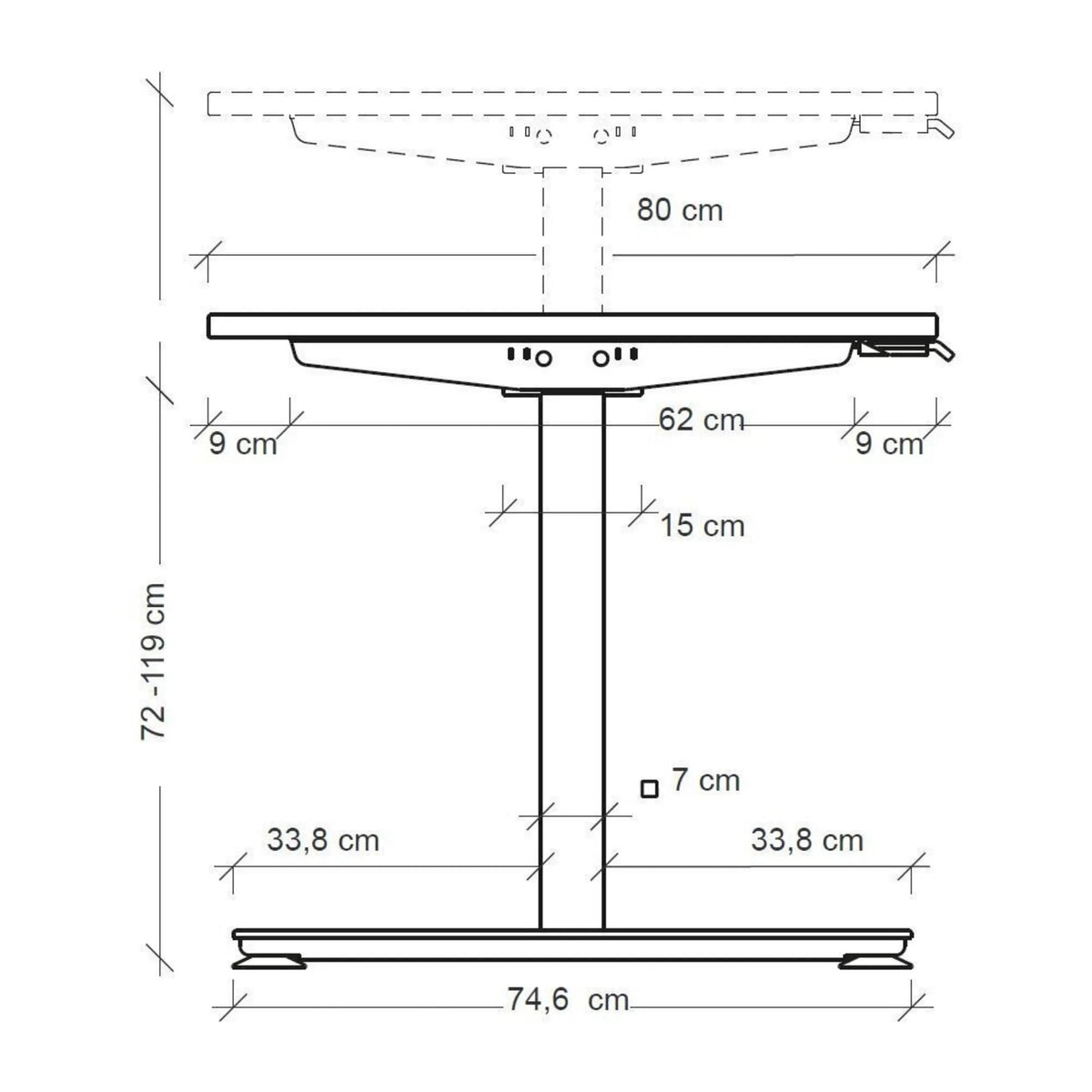 Dessin coté du bureau à hauteur réglable électriquement XMST 22 G avec indication de hauteur de 72 à 119 cm de hjh OFFICE PRO