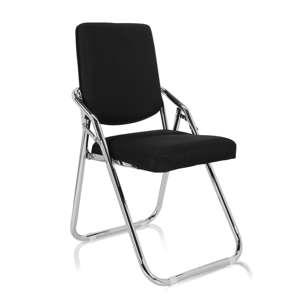 Chaise pliante ESTO noire avec revêtement en tissu et cadre chromé de hjh OFFICE – vue à 360° (vue de trois quarts avant 40°)