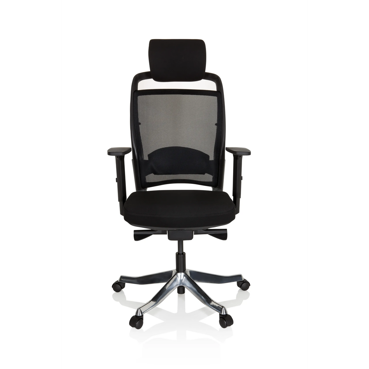 Siège de bureau de qualité professionnelle IKAST I noir, dossier maille et base brillante à 5 roulettes de hjh OFFICE – vue à 360° (vue de face 0°)