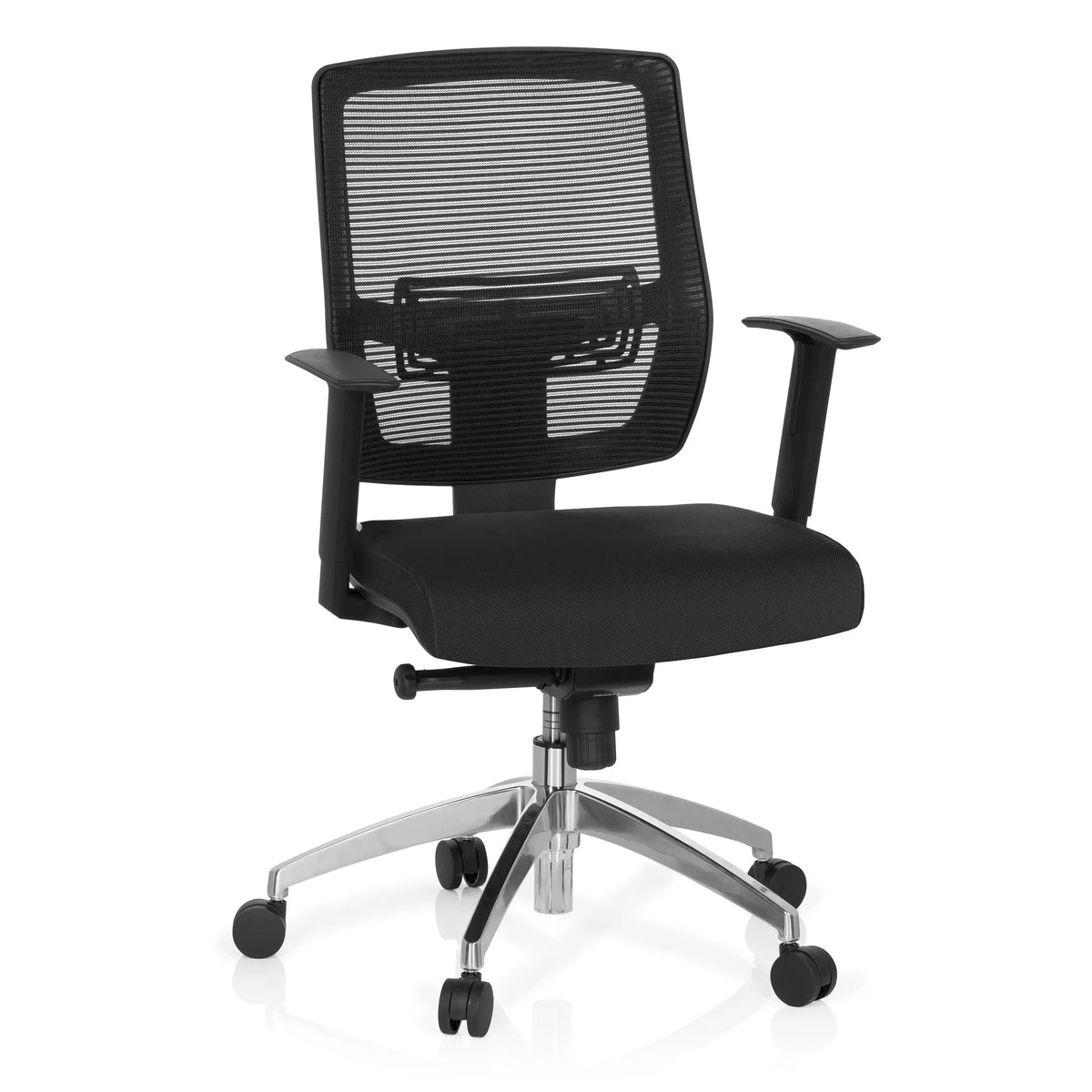 Siège de bureau de qualité professionnelle NET 90 noir avec dossier en maille et piètement à cinq roulettes de hjh OFFICE – vue à 360° (vue de face 20°)