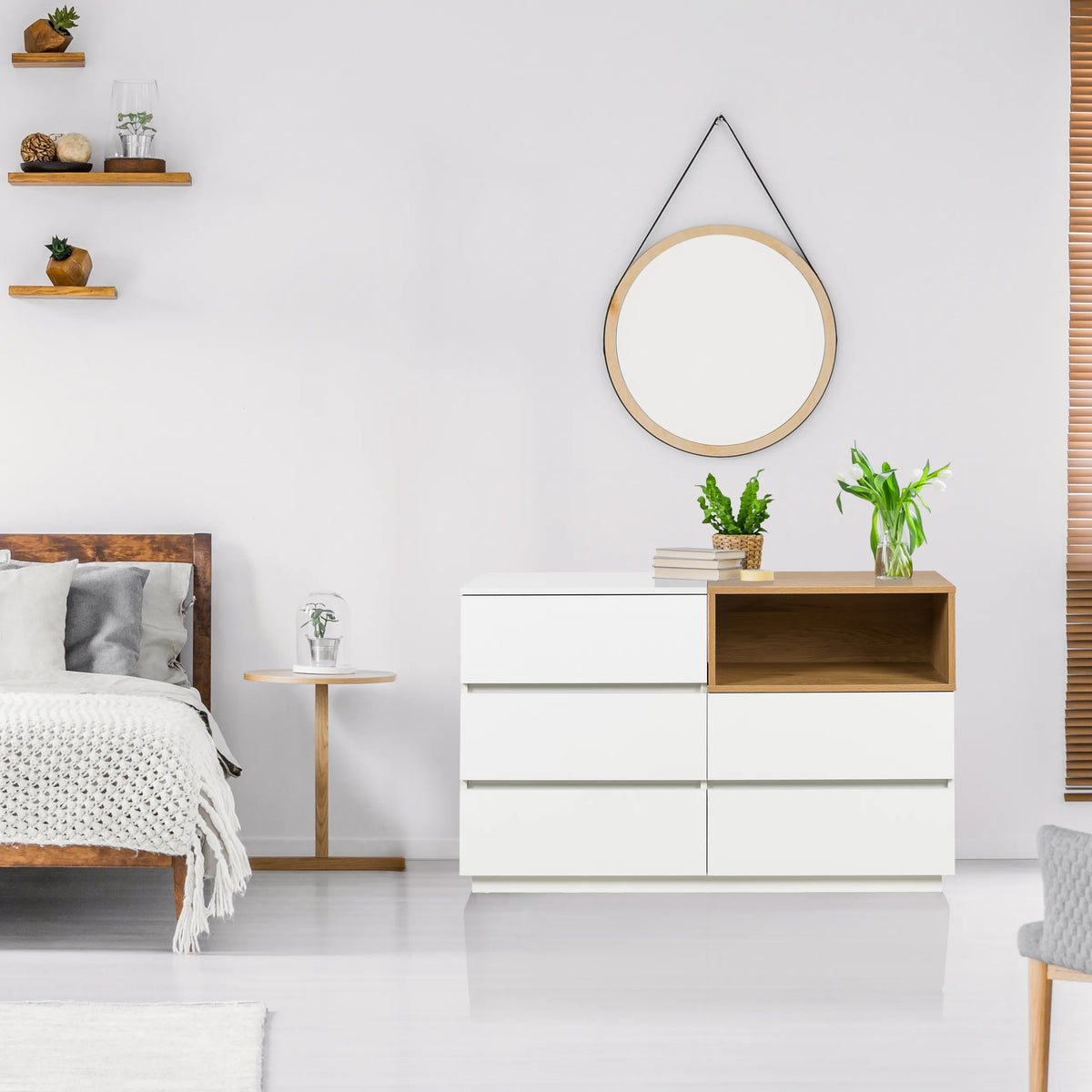 Buffet MELMO S en blanc et chêne avec trois tiroirs et une niche ouverte de hjh LIVING