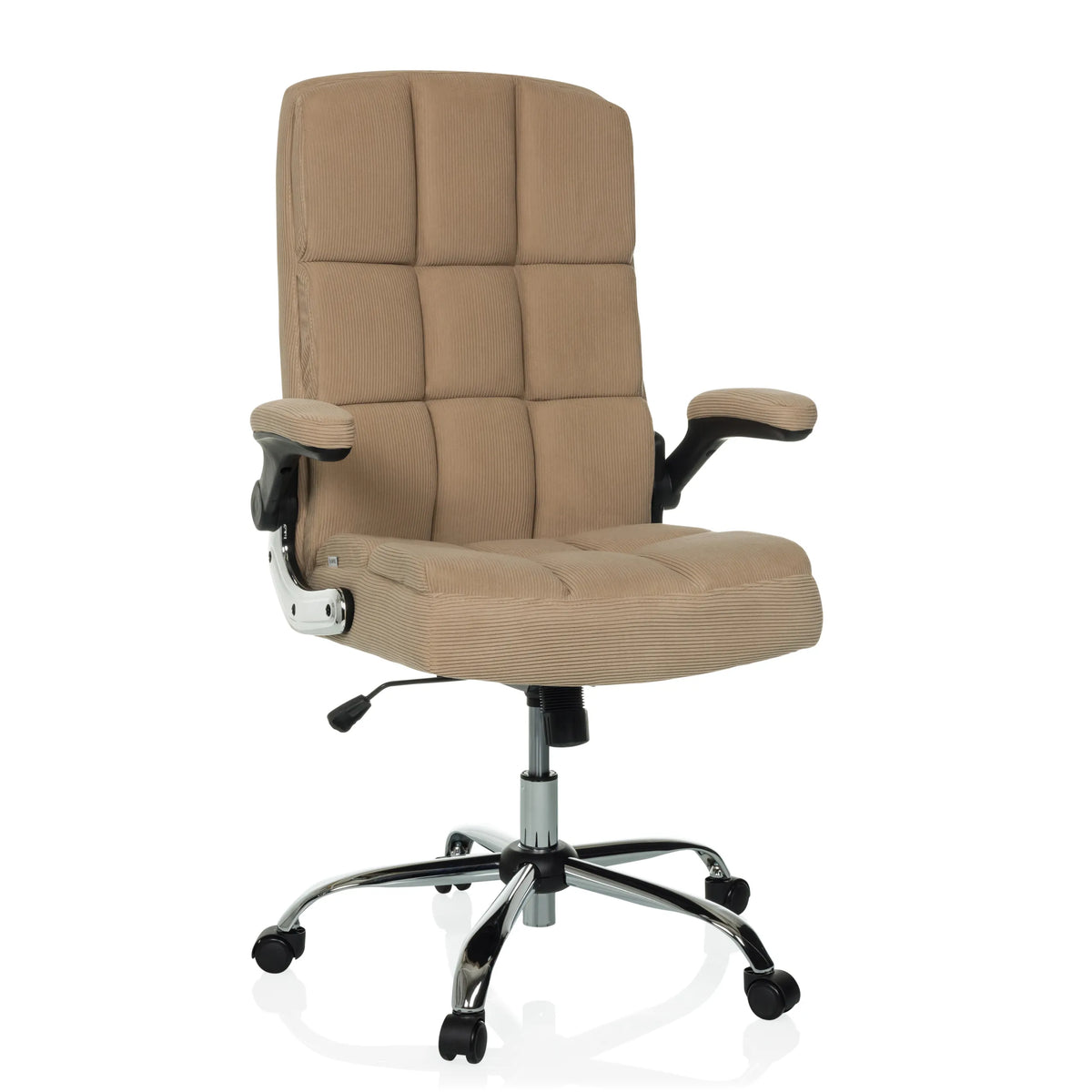 Siège de direction pour bureau à domicile RELAX WD 100 beige en velours côtelé et base à roulettes de MyBuero – vue à 360° (vue de face 15°)