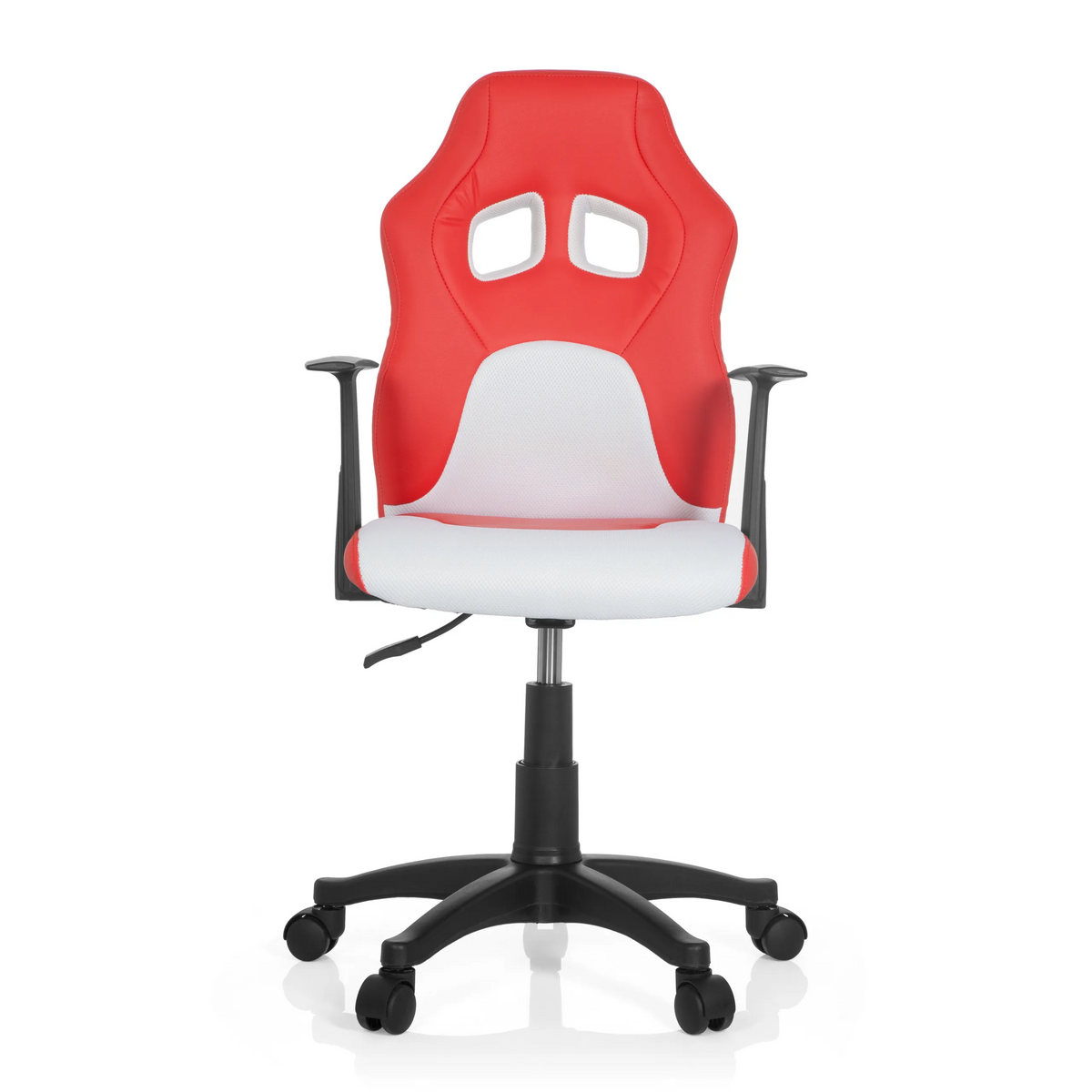 Chaise pivotante pour enfants TEEN GAME AL rouge et blanche avec accoudoirs et pied étoilé noir à cinq roulettes de hjh OFFICE – vue à 360° (vue de face 0°)