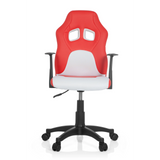 Chaise pivotante pour enfants TEEN GAME AL rouge et blanche avec accoudoirs et pied étoilé noir à cinq roulettes de hjh OFFICE – vue à 360° (vue de face 0°)
