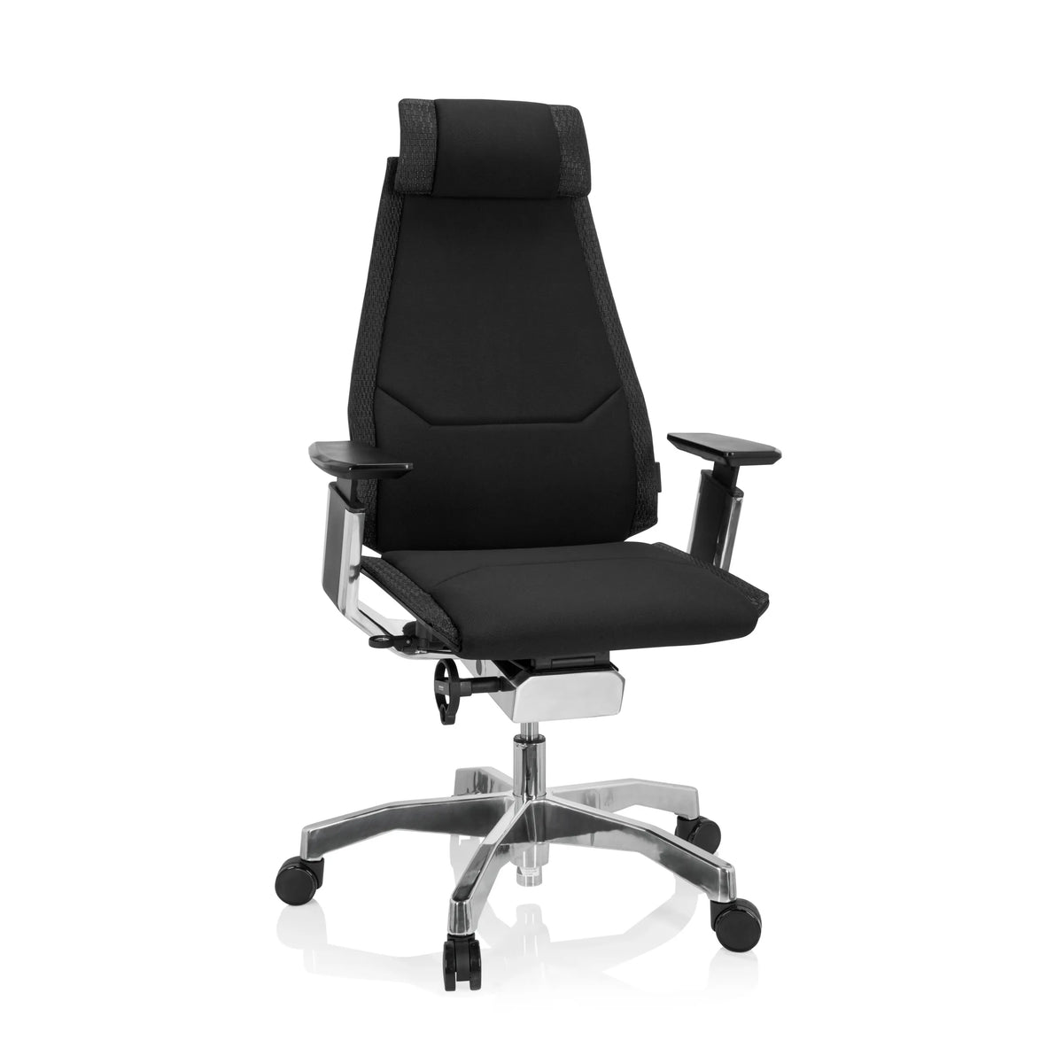Siège de bureau haut de gamme GENIDIA PRO noir avec revêtement en tissu et piètement à cinq roulettes de hjh OFFICE – vue à 360° (vue de face 20°)