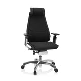 Siège de bureau haut de gamme GENIDIA PRO noir avec revêtement en tissu et piètement à cinq roulettes de hjh OFFICE – vue à 360° (vue de face 20°)
