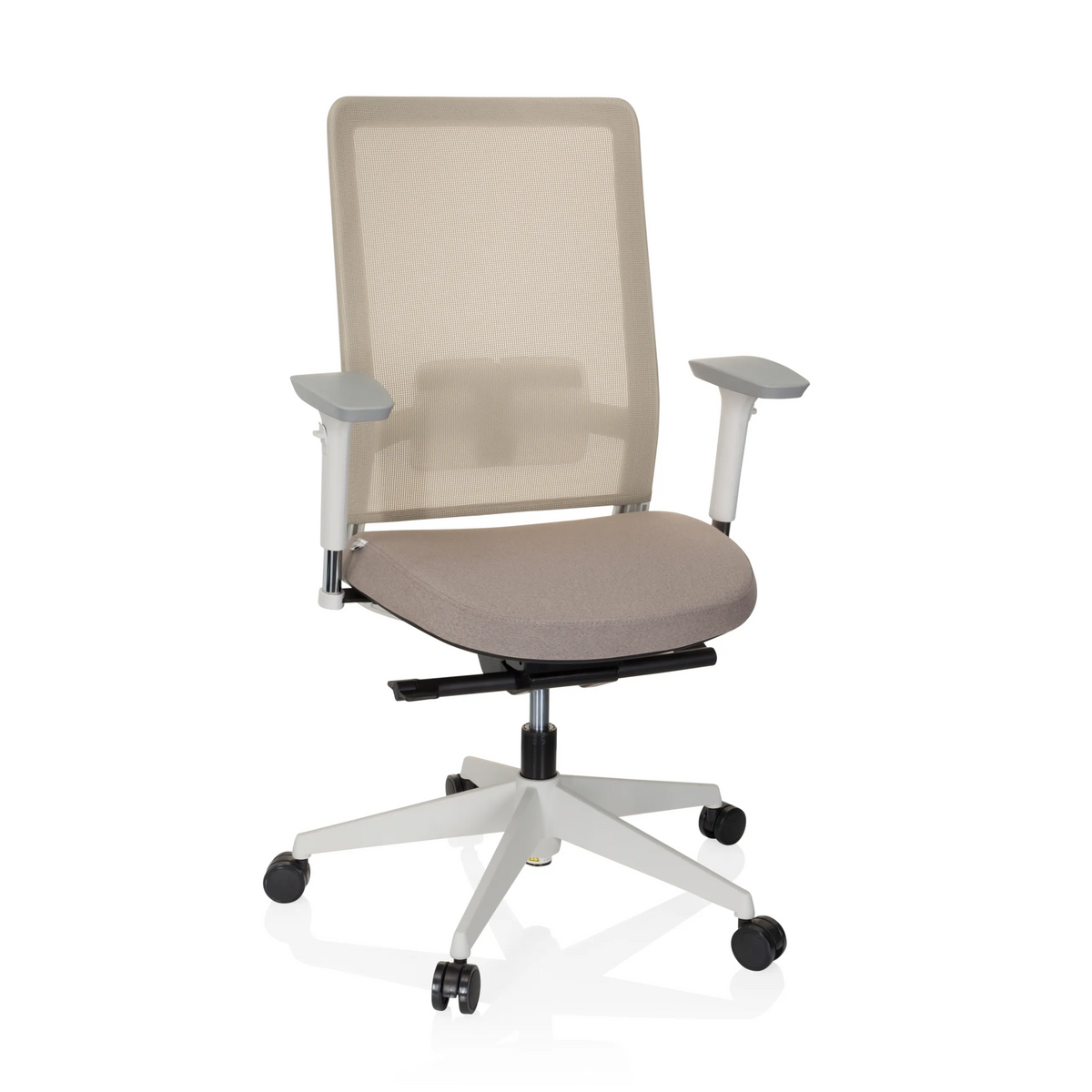 Siège de bureau de qualité professionnelle PURE WHITE beige avec dossier en maille et pied à cinq roulettes de hjh OFFICE – vue à 360° (vue de face 20°)