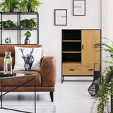Armoire de bureau AMIO H en noir et chêne avec deux tiroirs et un compartiment fermé de hjh LIVING