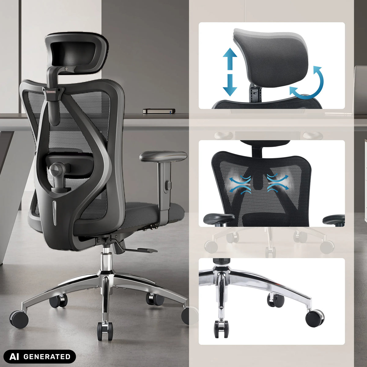 Siège de bureau de qualité professionnelle M18-M148 avec appui-tête réglable et dossier en maille noir de Sihoo (image générée par IA)
