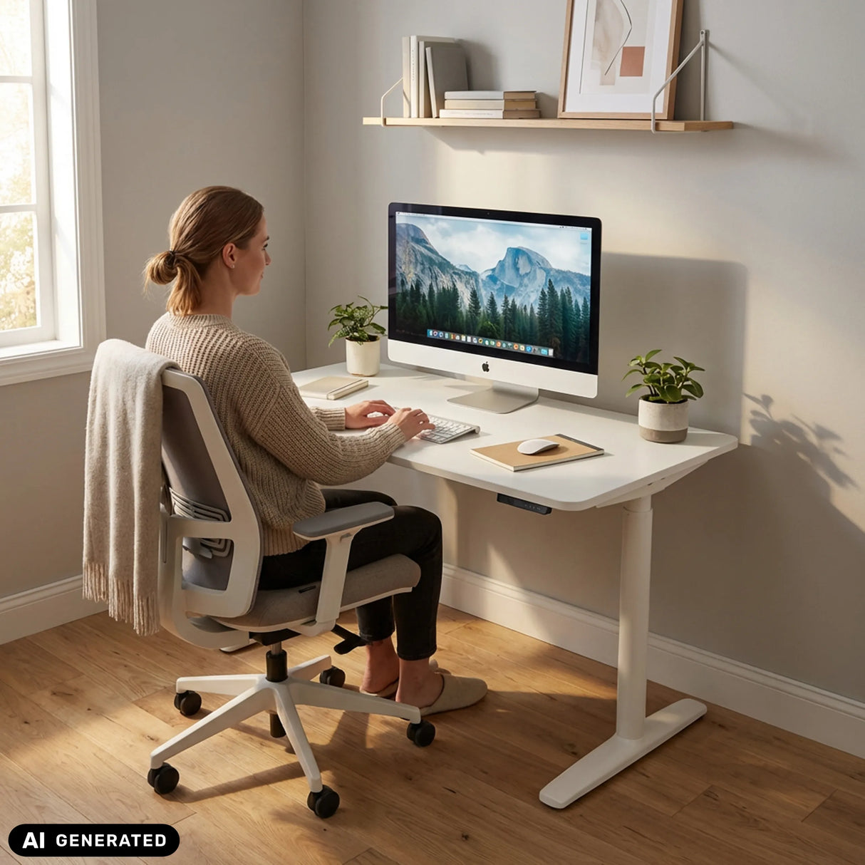 Bureau réglable en hauteur électriquement STAND PRO en blanc avec équipement informatique de hjh OFFICE (image générée par IA)