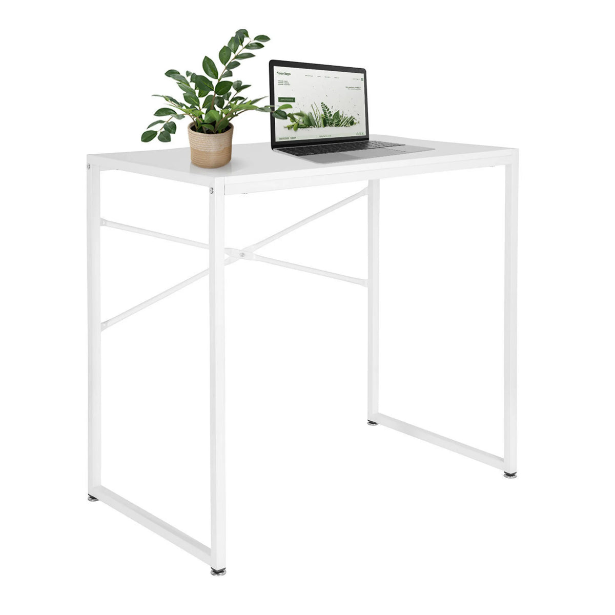 Bureau blanc EASY UP H I avec structure métallique, un ordinateur portable et une plante de hjh OFFICE