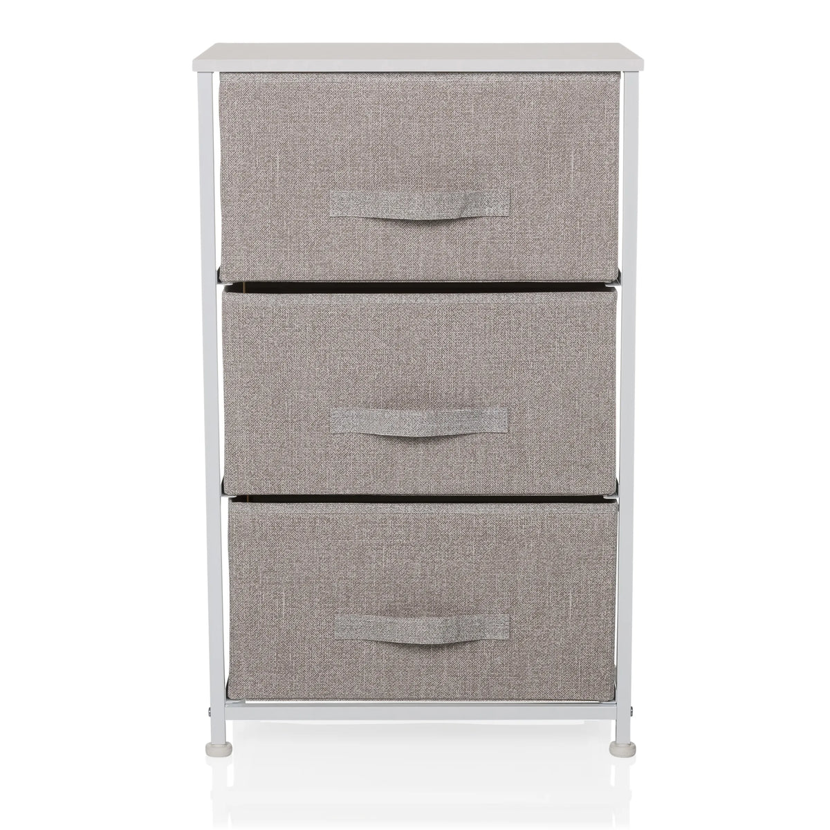 Commode grise FOLDRESS M avec trois tiroirs en tissu et structure blanche de hjh LIVING – vue à 360° (vue de face 0°)
