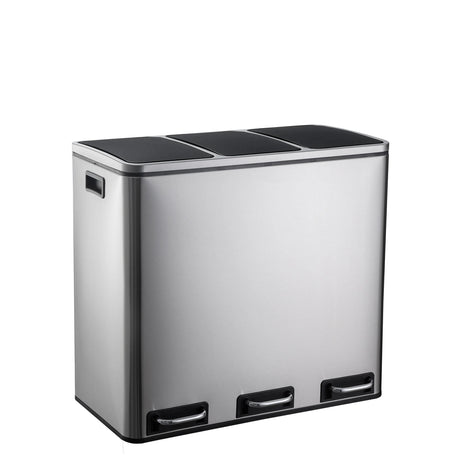 Poubelle argentée Clean 9 avec trois compartiments séparés et couvercles noirs de hjh OFFICE