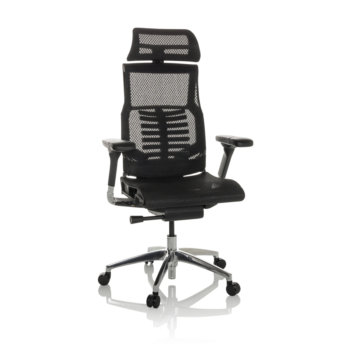 Siège de bureau haut de gamme POFIT GEN2 noir avec dossier en maille et piètement à cinq roulettes de hjh OFFICE – vue à 360° (vue de face 15°)