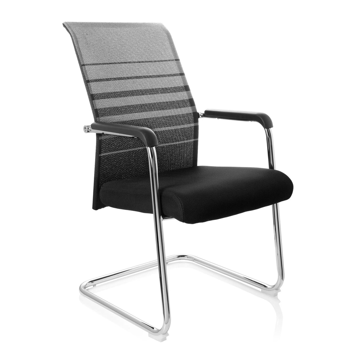 Chaise cantilever FALCONE V noir et gris avec dossier en maille, accoudoirs et piètement luge de hjh OFFICE – vue à 360° (vue de trois quarts avant 40°)