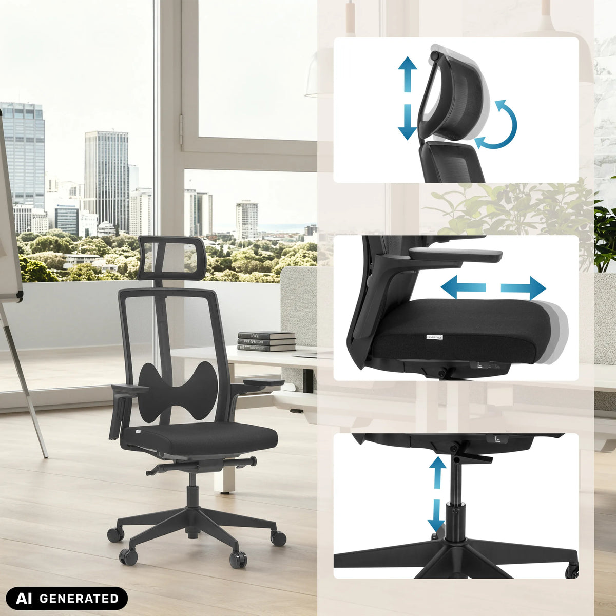 Appuie-tête, profondeur d'assise et vérin à gaz réglables du siège de bureau de qualité professionnelle ARCEO B en noir de hjh OFFICE