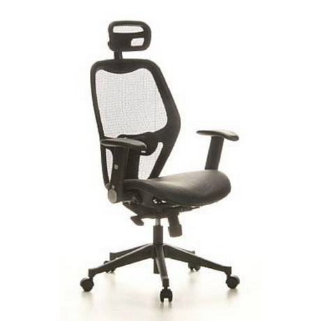 Siège de bureau de qualité professionnelle AIR-PORT en noir avec dossier en maille, assise en cuir et appui-tête de hjh OFFICE