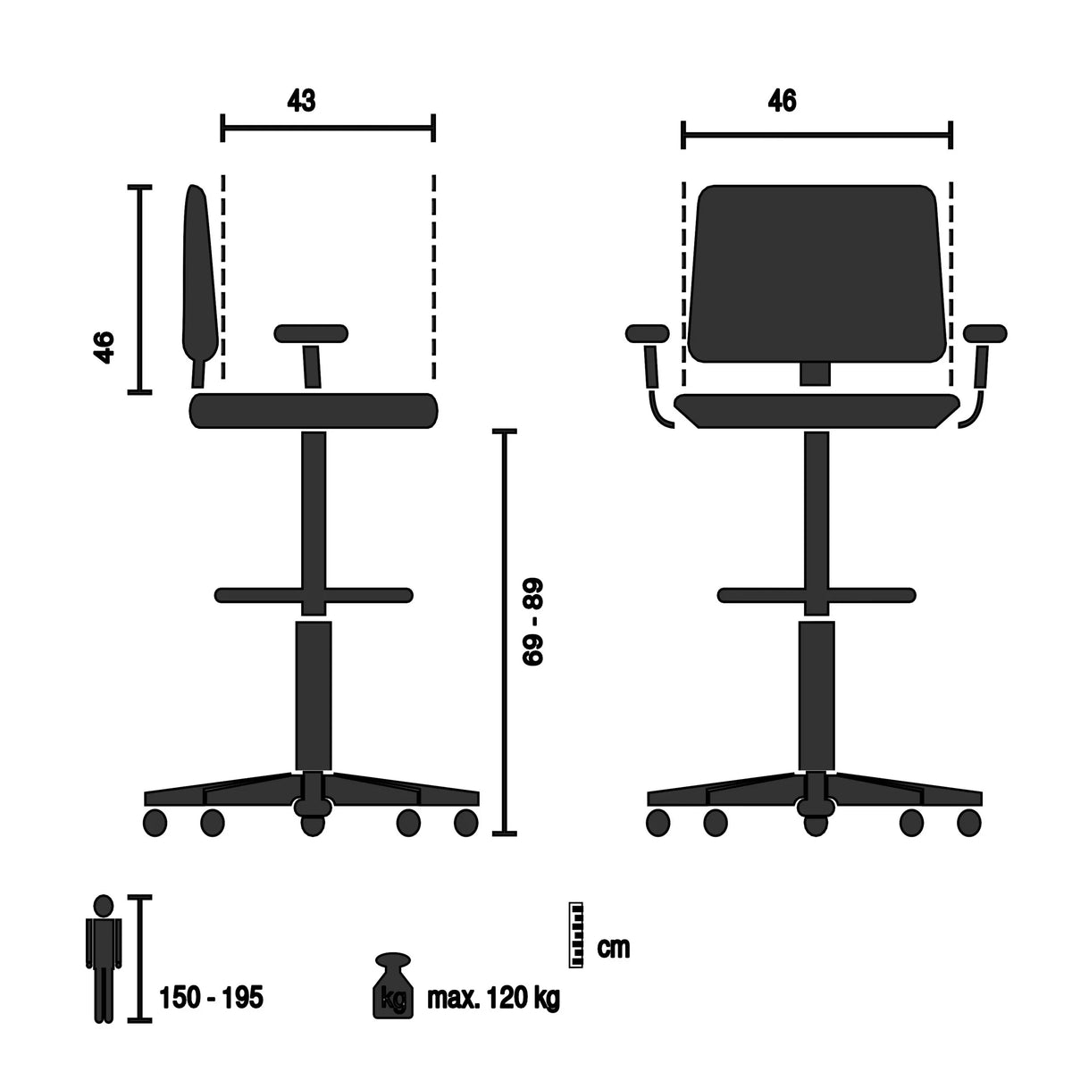 Technische Zeichnung des Counterstuhls TOP WORK 108 W mit einer Sitzhöhe von 69 bis 89 cm von hjh OFFICE