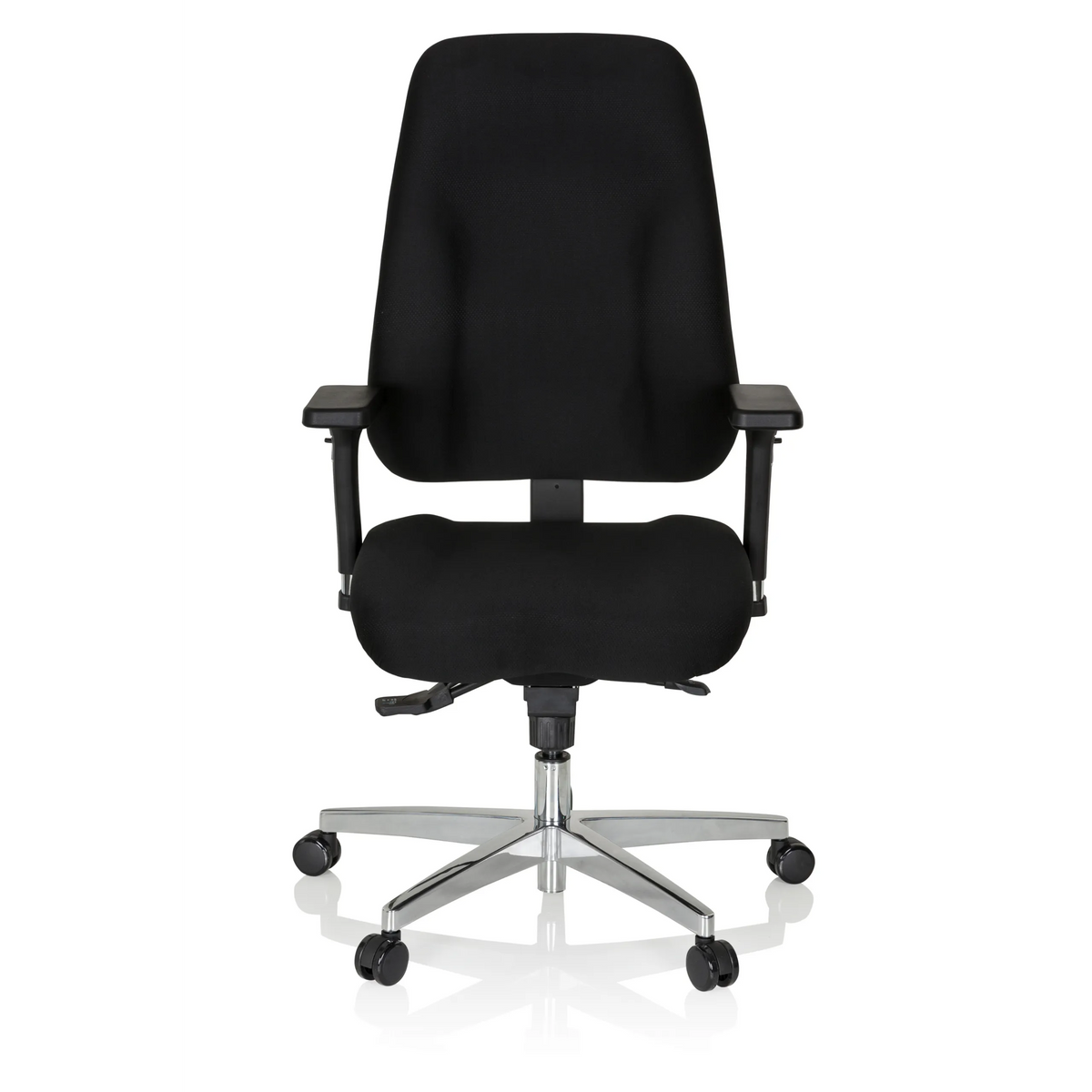 Siège de bureau de qualité professionnelle ZENIT COMFORT noir avec accoudoirs et piètement à cinq roulettes de hjh OFFICE – vue à 360° (vue de face 0°)