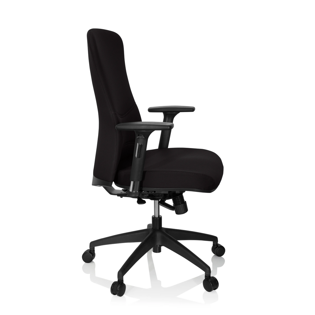 Schwarzer Profi-Bürostuhl OFFICE XT PRO mit Armlehnen und Fußkreuz mit fünf Rollen von hjh OFFICE – 360-Grad-Ansicht (Seitenprofil 80°)