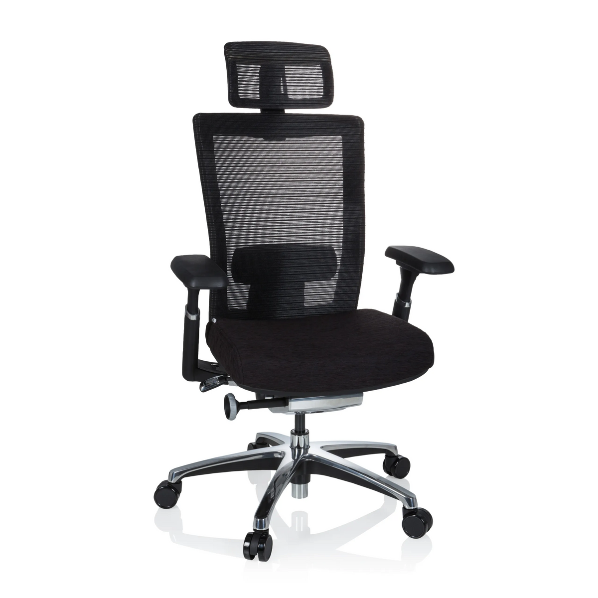 Siège de bureau haut de gamme NOVA PRO I noir avec dossier en maille et base à cinq roulettes de hjh OFFICE – vue à 360° (vue de face 20°)