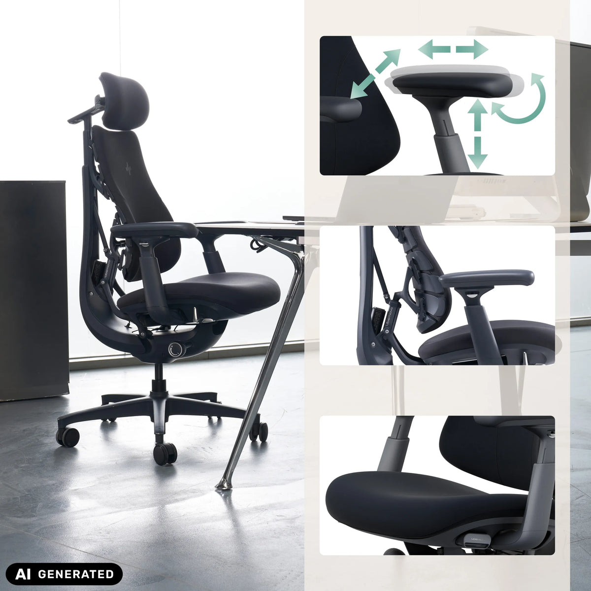 Accoudoirs 4D du siège de bureau haut de gamme LiberNovo Omni en noir de Libernovo (image générée par IA)