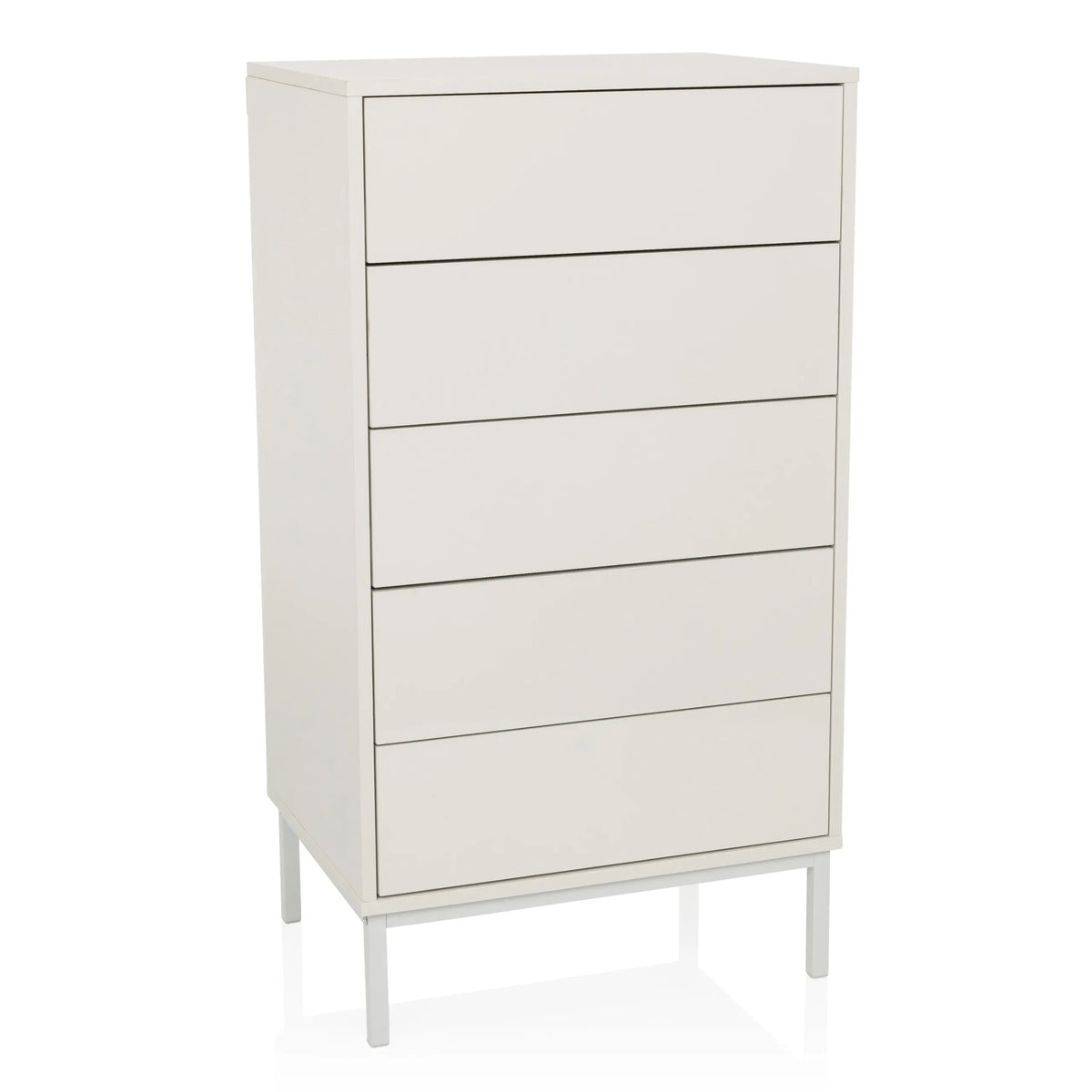 Commode blanche BJORDAL avec cinq tiroirs et pieds métalliques fins de hjh LIVING – vue à 360° (vue de face 15°)