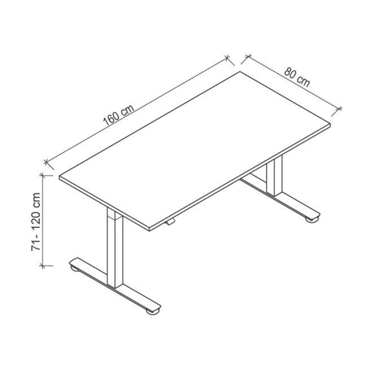 Technische Zeichnung des Schreibtischs XMST 16 S mit 160 × 80 cm von hjh OFFICE PRO