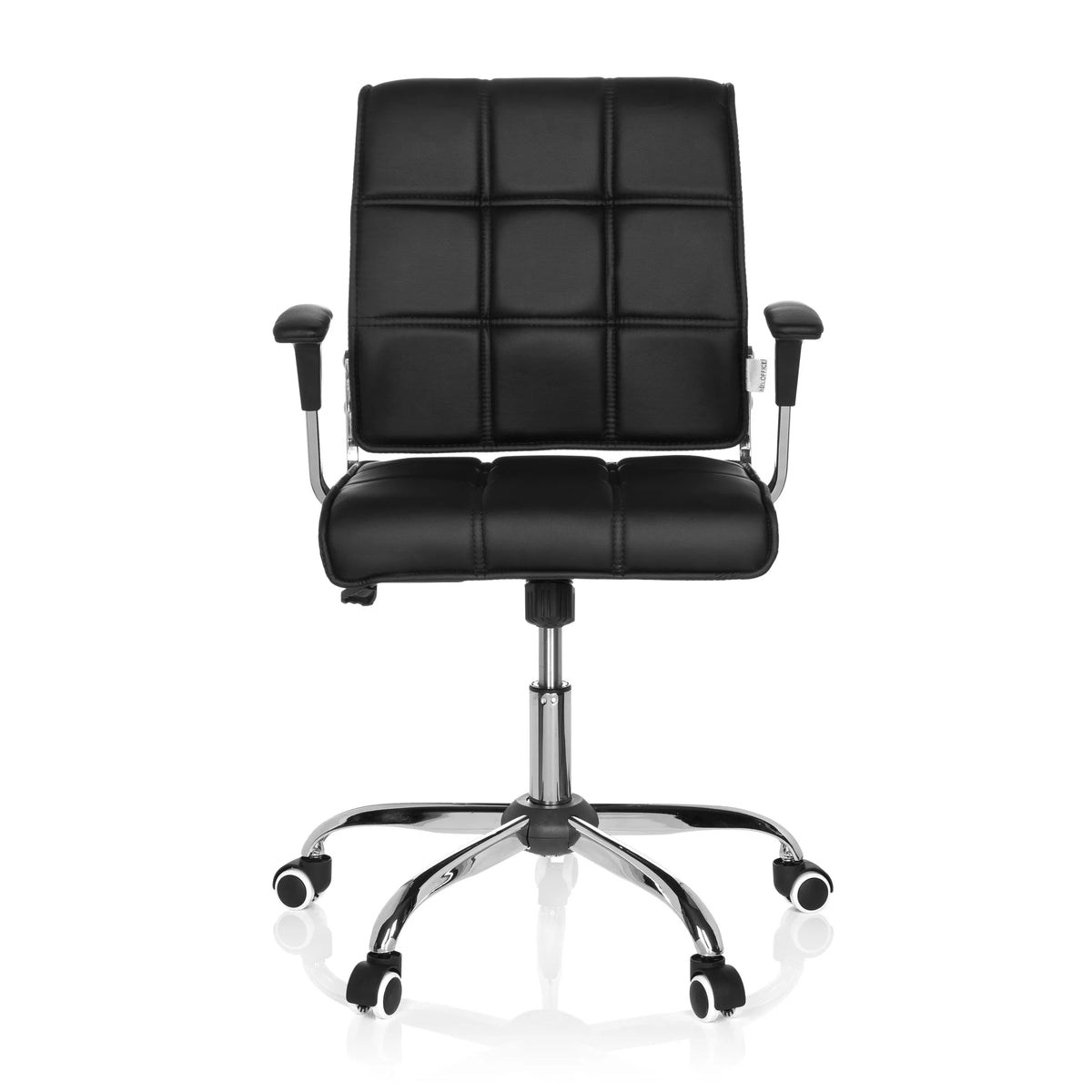 Siège de bureau à domicile ERNESTO noir avec rembourrage capitonné et base à cinq roulettes de hjh OFFICE – vue à 360° (vue de face 0°)