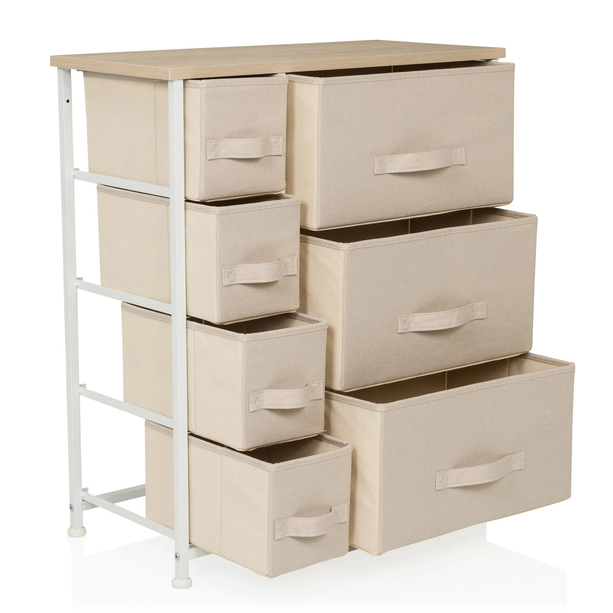 Commode FOLDRESS B en beige avec six tiroirs en tissu et structure en métal blanc de hjh LIVING