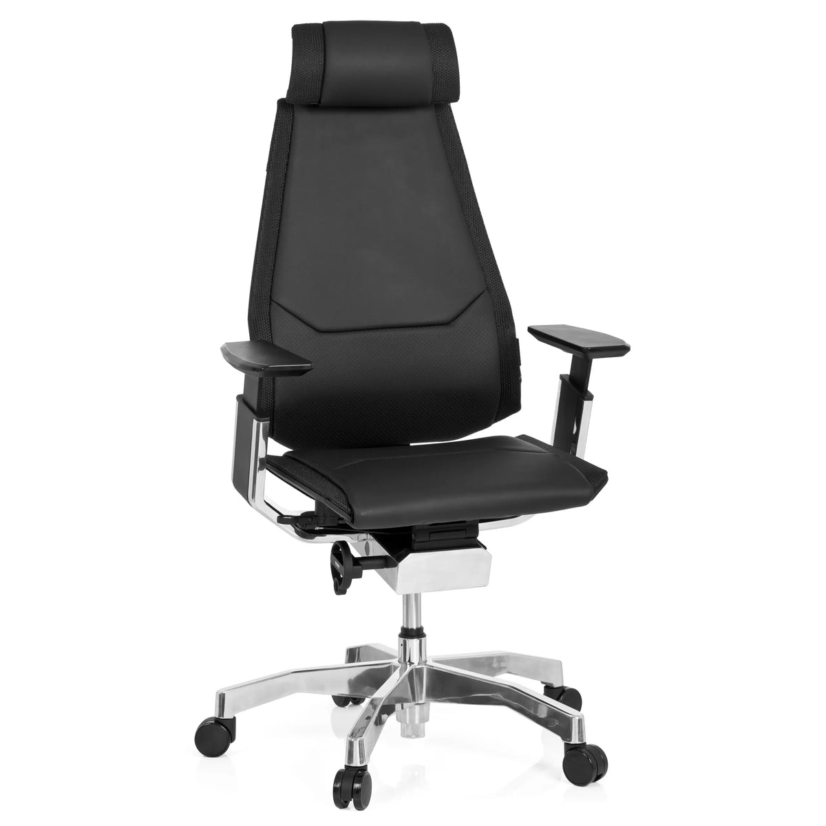 Siège de bureau haut de gamme GENIDIA PRO noir en cuir avec accoudoirs et piètement à cinq roulettes de hjh OFFICE – vue à 360° (vue de face 20°)