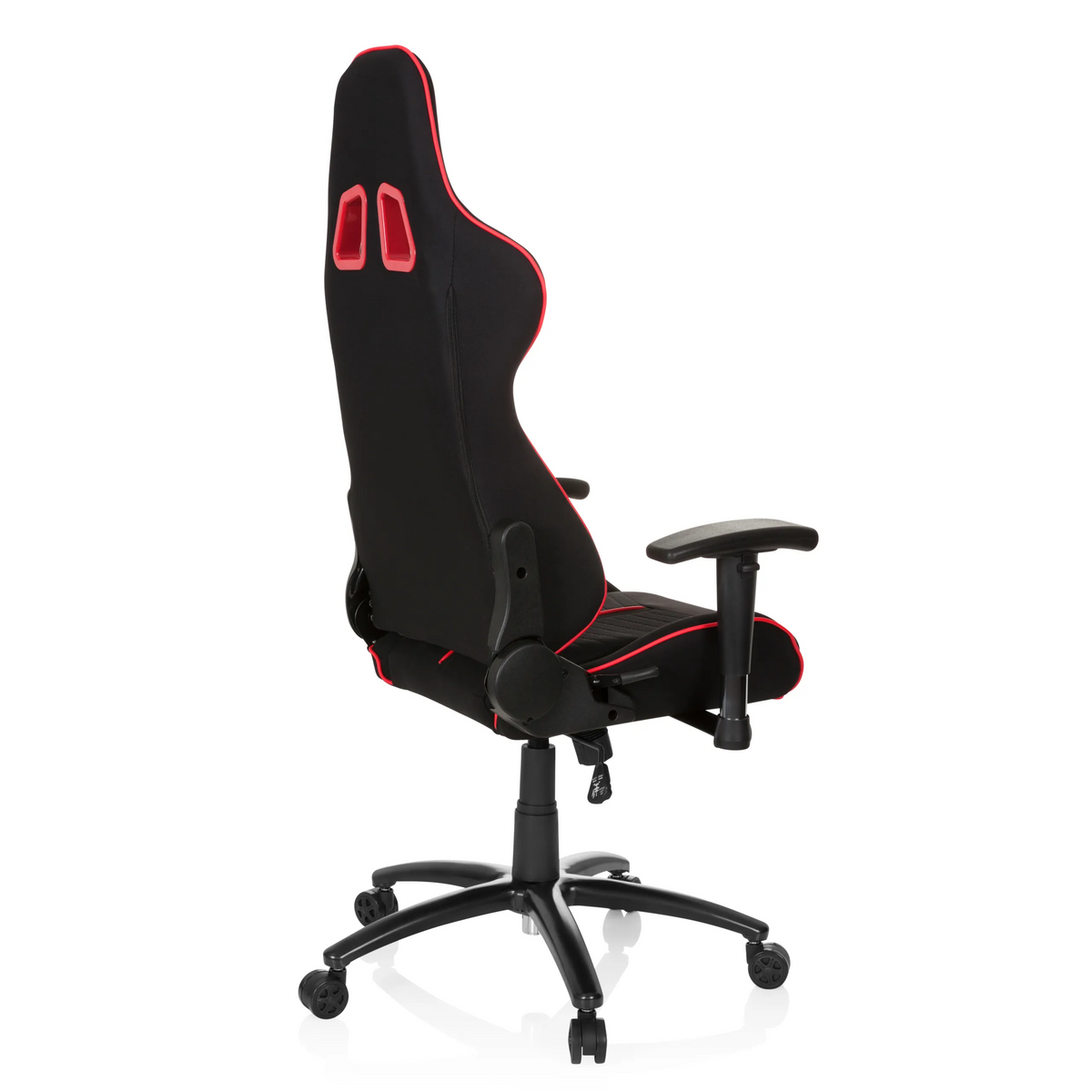 Fauteuil Gamer LEAGUE PRO I noir et rouge avec deux ouvertures d'appui-tête et base à cinq roulettes de hjh OFFICE – vue à 360° (vue de trois quarts arrière 120°)