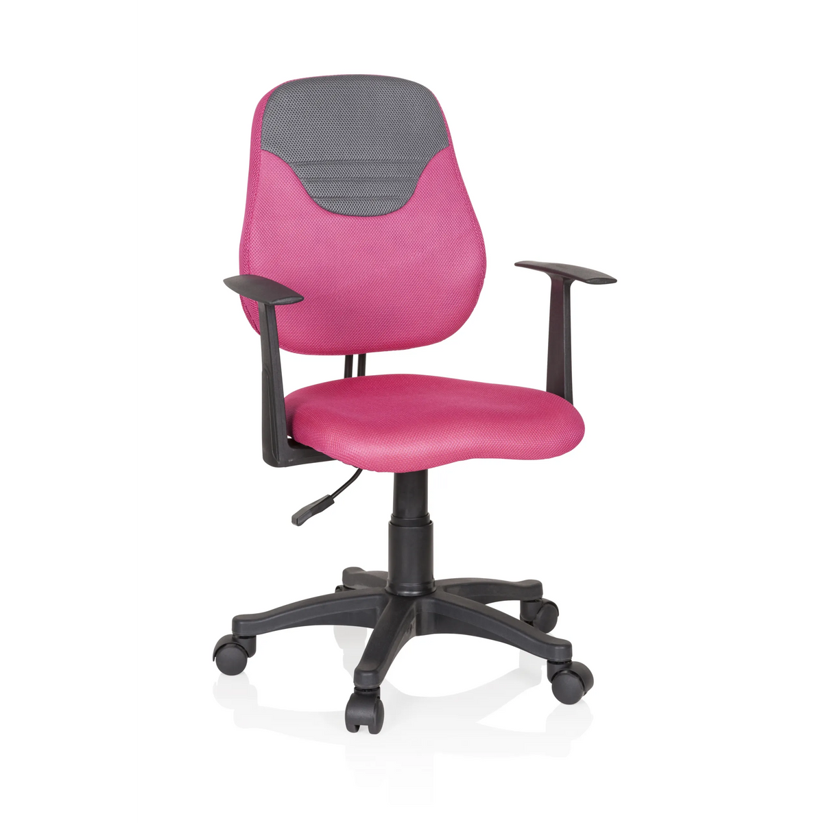 Chaise pivotante pour des enfants KIDDY STYLE rose et grise avec dossier en maille et base à cinq roulettes de hjh OFFICE – vue à 360° (vue de face 20°)
